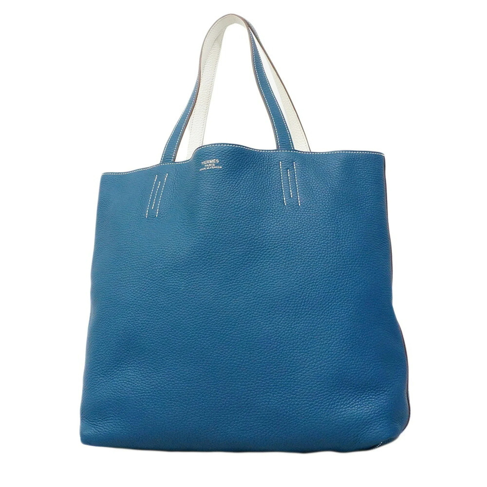 Hermes Double Sens 36 Tote Bag, Taurillon Clemence Leather, White Blue Izmir,...